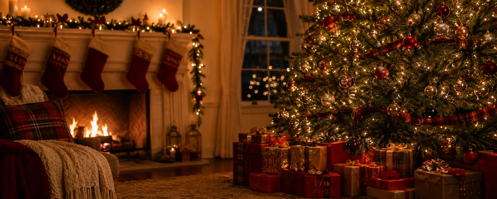 A candlelit living room on Christmas night, with stockings hanging above a lit fireplace and a decorated tree surrounded by wrapped presents