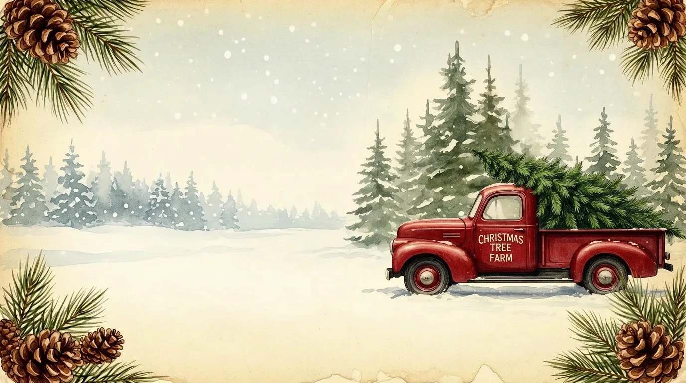 Vintage red truck carrying a Christmas tree through a snowy village